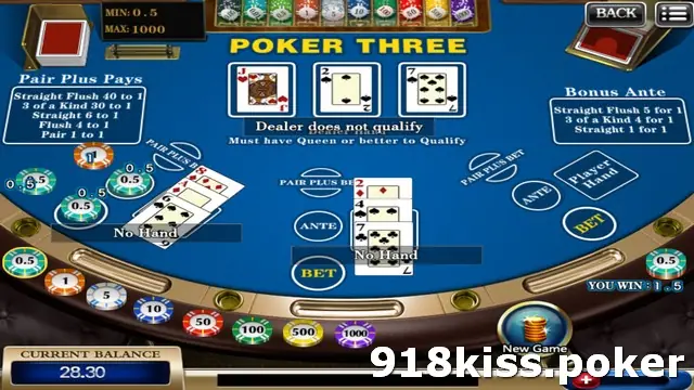 Poker Three round on 918Kiss: the dealer shows Jack, 2 and 7 and does not qualify, two player seats with chips are marked No Hand, and a You win 1.5 message