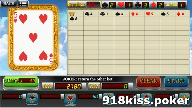Single Pick on 918Kiss with a large 5 of hearts in a gold frame on the left, a result log grid on the right, suit counters at the top and chip, balance and suit bet buttons at the bottom