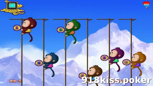Monkey Thunderbolt race screen with six coloured monkeys, numbered 1 to 6, climbing wooden poles in front of snowy mountains