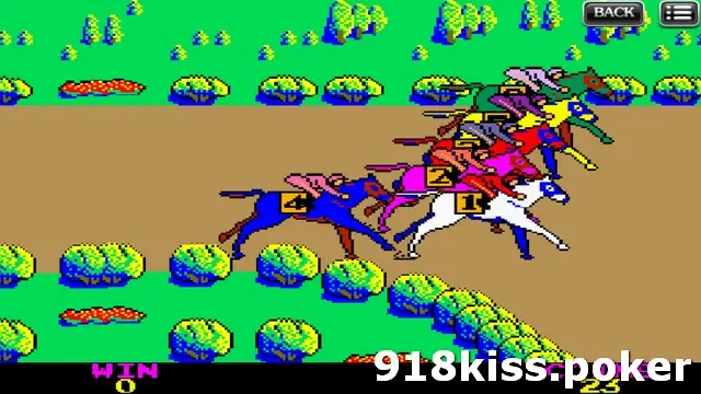 King Derby race in progress with pixel horses and jockeys bunched on a dirt track, horse 1 on a white horse near the front and horse 4 on a blue horse at the back