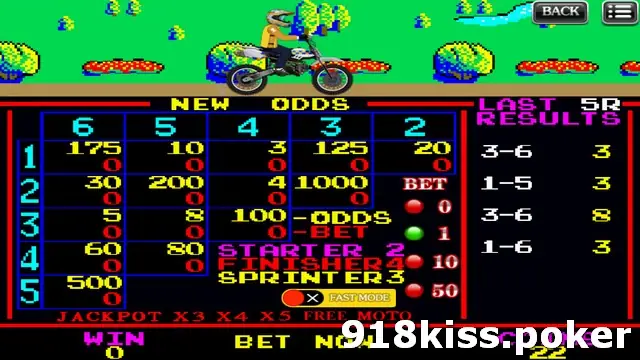 Motorbike betting screen on 918Kiss with a pixel rider on a dirt bike at the top, a New Odds grid for pairs of riders, Starter 2, Finisher 4 and Sprinter 3 lines and a Last 5R Results list