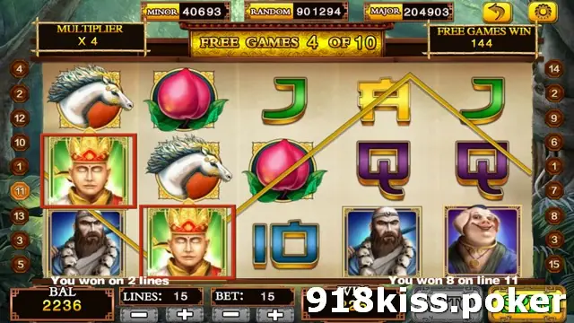 Wukong slot on 918Kiss during free games 4 of 10, with Monkey King, white horse, peach, bearded monk and pig symbols, a multiplier of x4 and MINOR, RANDOM and MAJOR boxes