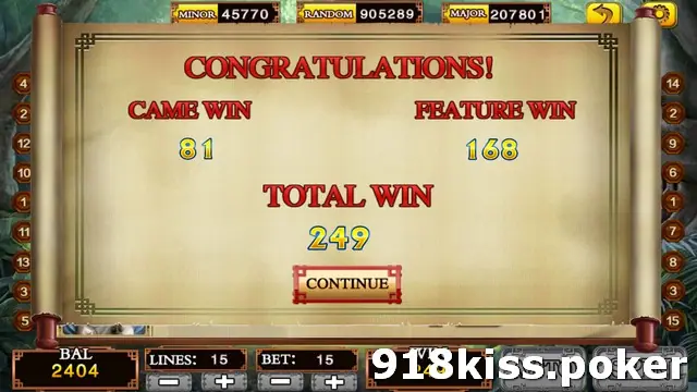 Wukong free games summary scroll on 918Kiss reading Congratulations, Game Win 81, Feature Win 168, Total Win 249, with a Continue button