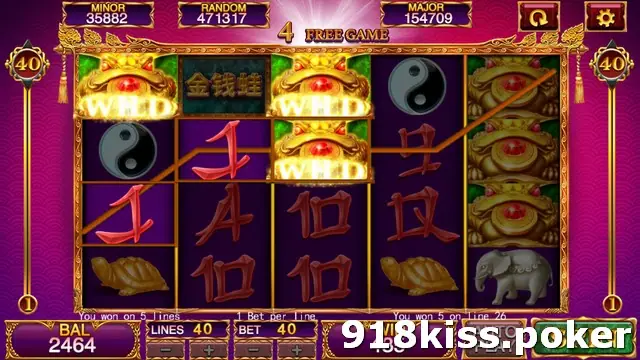 Jin Qian Wa slot on 918Kiss with five reels on a purple background, golden toad WILD symbols, a yin-yang, a turtle and an elephant, a 4 Free Game counter and 40 lines selected