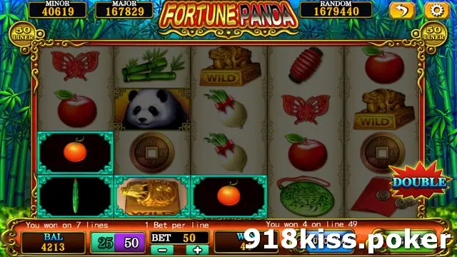 Fortune Panda slot on 918Kiss with a panda, apples, bamboo, butterflies, lanterns, coins and golden WILD statues on five reels, a 50 Liner badge and a red DOUBLE button