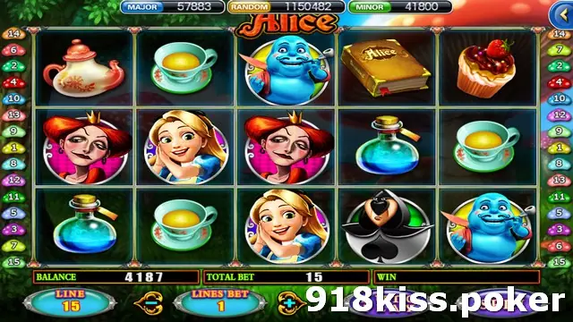 Alice slot on 918Kiss with a teapot, teacups, a blue caterpillar, an Alice storybook, a cupcake, the Red Queen, Alice, potion bottles and a card-suit figure on five reels