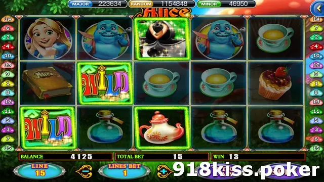 Alice reels with two multi-coloured WILD symbols on the second row and bottom row, a highlighted teapot and card-suit figure, and a win of 13