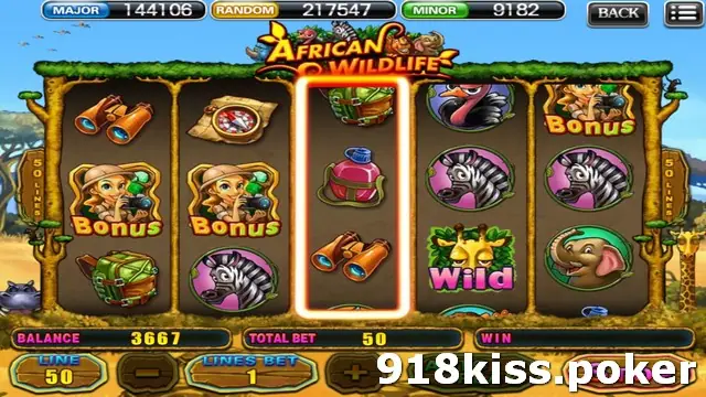 African Wildlife reels with two Bonus explorer symbols on reel 1 and 2, a giraffe Wild on reel 4 and an orange frame around the still-spinning third reel