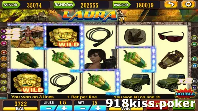 Laura slot reels with golden mask Wild symbols, whips, dynamite bundles, a jeep, sunglasses, a lantern and a dark-haired adventurer, with a winning line highlighted and x2 markers