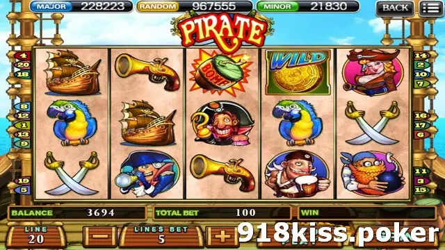 Pirate slot with a sailing ship, flintlock pistol, Bomb symbol, gold-coin Wild, parrots, crossed cutlasses and cartoon pirate crew on five reels, and a panel showing LINE 20 and LINES BET 5