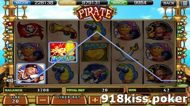 Pirate reels with a Jolly Roger flag, a flaming gold-coin Wild on reel 2, parrots and crew, a line drawn across all five reels and WIN 62 in the panel