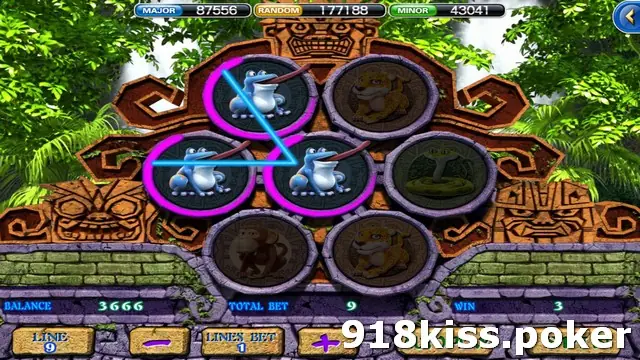 Amazon medallion layout with three blue frog discs outlined in magenta and joined by lines, the other discs dimmed, and WIN 3 on the panel