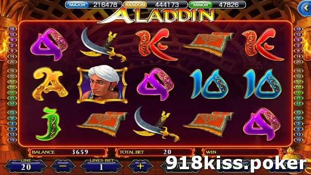 Aladdin slot with ornate A, K, J, Q and 10 symbols, curved scimitars, red flying carpets and a portrait of a young man in a white turban, 20 line markers on each side