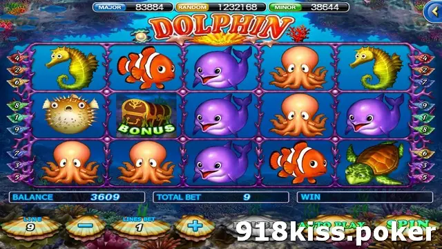 Slot titled Dolphin with purple dolphins, orange octopuses, seahorses, clownfish, a pufferfish, a sea turtle and a treasure chest marked BONUS on five reels