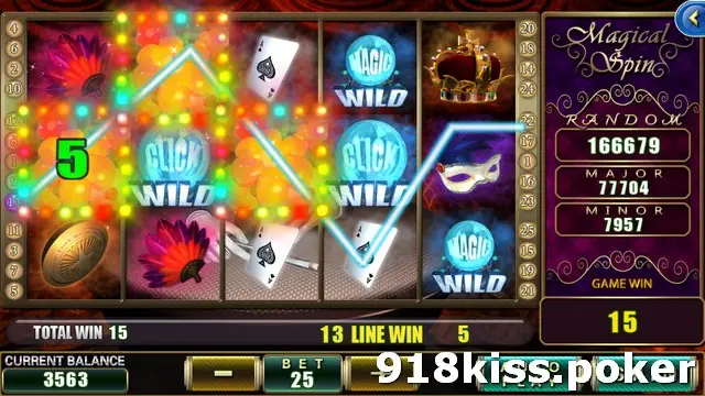 Magical Spin reels with a feathered fan, crown, masquerade mask, ace of spades cards, a coin and two CLICK WILD symbols, a winning line on line 13 and a purple side panel with RANDOM, MAJOR and MINOR