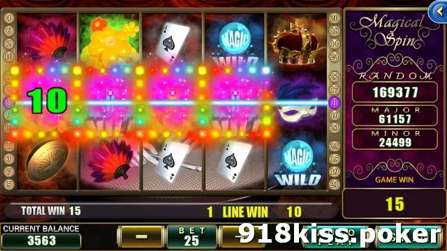 Magical Spin with a winning line across the middle row on line 1, glowing pink symbols, a green 10 on reel 1 and TOTAL WIN 15, LINE WIN 10 at the bottom