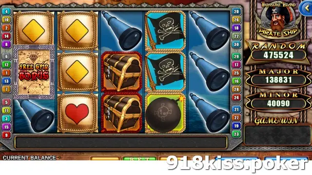Pirate Ship reels with a Free Spin Bonus map on reel 1, two treasure chests on reel 3, Jolly Roger flags, spyglasses and a bomb, the info bar empty