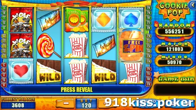 Cookie Pop reels with crisp packets, a lollipop, a cookie box, popcorn tubs, ice-cube card suits, chocolate-bar Wild symbols and a FREE SPIN jar, with PRESS REVEAL in the message bar