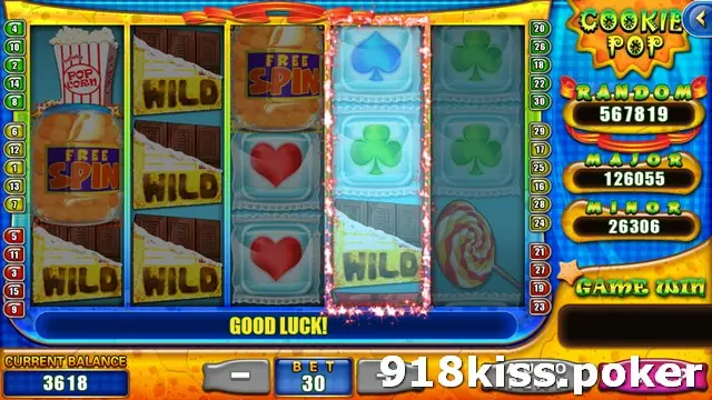 Cookie Pop mid-spin with Free Spin jars on reels 1 and 3, stacked chocolate Wilds on reel 2, a glowing frame around reel 4 and GOOD LUCK! in the message bar
