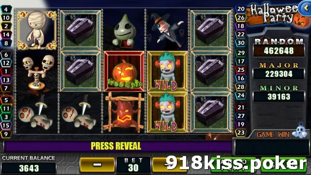 Halloween Party reels with a mummy, coffins, a green ghost, a flying witch figure, skulls on candles, voodoo dolls, a jack-o'-lantern Free Spin symbol and two monster-kid Wild symbols