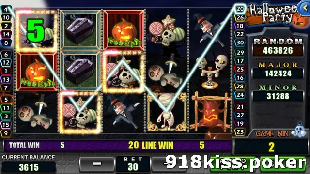 Halloween Party reels with a line on line 20 zigzagging from a skull with candy on reel 1 to the right edge, pumpkins on reels 1 and 3, and LINE WIN 5 in the info bar
