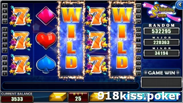Shining Star slot with orange 7 symbols surrounded by coloured stars on reels 1 and 4, a pink diamond, red heart and blue spade on reel 2, and full-height WILD symbols on reels 3 and 5