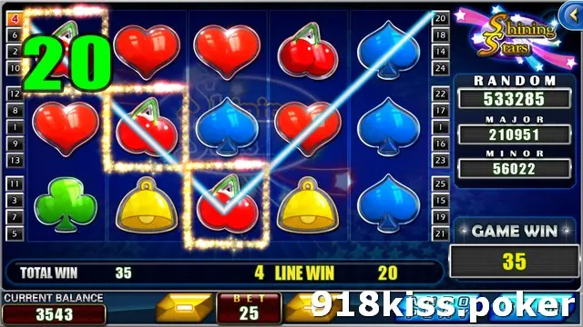 Shining Star reels with a winning line on line 4 through three cherries, hearts and spades, a large green 20 on reel 1, and GAME WIN 35 on the side panel
