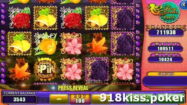 Fairy Garden Plus reels with red and dark purple roses, yellow bells, a yellow tulip, pink lilies, orange leaves and a gold coin marked FREE SPIN BONUS, and PRESS REVEAL in the message bar