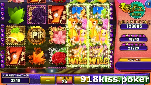 Fairy Garden Plus reels with reels 4 and 5 fully covered by stacked cartoon fairies over the word WILD, a red 7 and a FREE SPIN BONUS coin on the left reels, and BET 25