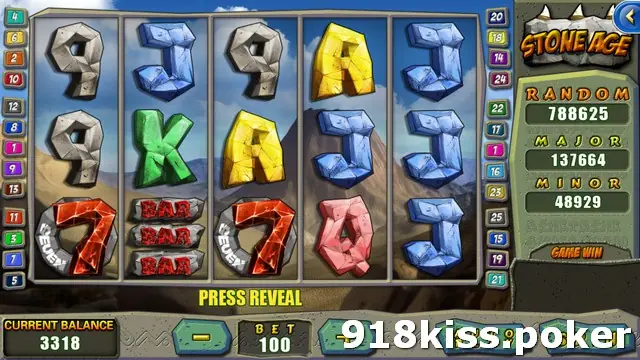 Stone Age reels of rock-carved 9, J, K, A and Q symbols, red stone 7s marked SEVEN and a triple BAR slab in front of a volcano, with PRESS REVEAL under the reels and BET 100