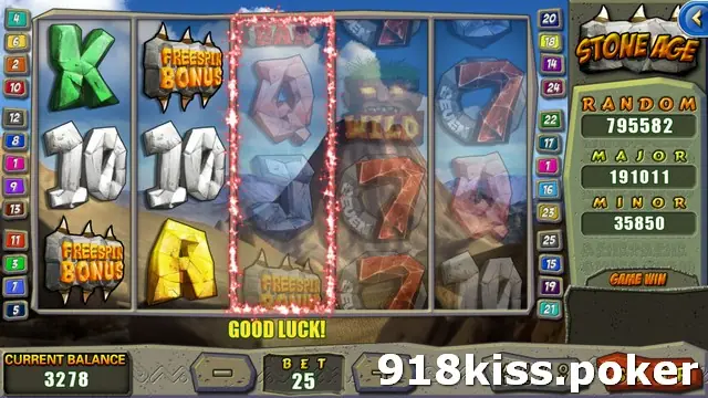 Stone Age reels mid-spin with Freespin Bonus stones on reels 1 and 2, a glowing red frame around reel 3 as it spins, a partly visible Wild on reel 4, and GOOD LUCK! under the reels