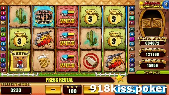 Western Ranch Story reels with cacti, money bags, a FREE SPIN BONUS sign, revolvers firing BANG!, a wanted poster, a beer mug and three covered-wagon WILD symbols stacked on reel 3