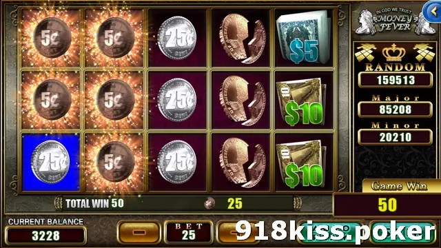Money Fever reels with 5-cent coins on reels 1 and 2 bursting in orange light, 25-cent coins filling reel 3, a highlighted 25-cent coin at the bottom of reel 1 and TOTAL WIN 50