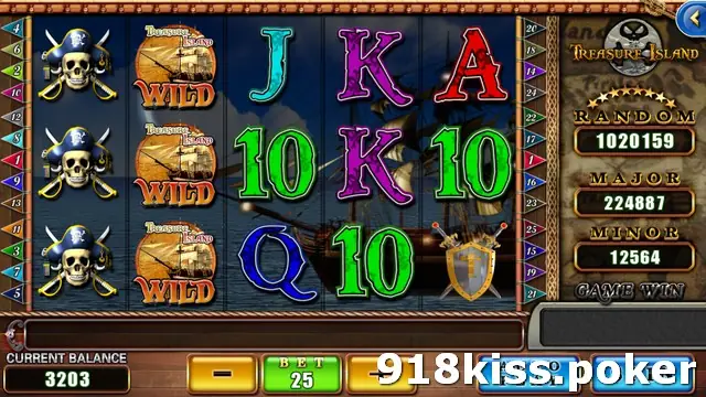 Treasure Island reels with three skulls in pirate hats on reel 1, three Treasure Island ship Wilds stacked on reel 2, card symbols J, K, A, Q and 10 and a crossed-sword shield, with a pirate ship in the background