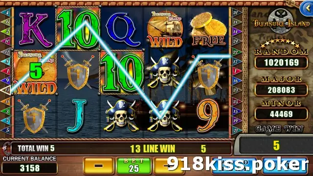 Treasure Island reels with a line on line 13 from a Wild on reel 1 through 10s and skulls, a gold-coin FREE symbol at the top of reel 5 and TOTAL WIN 5
