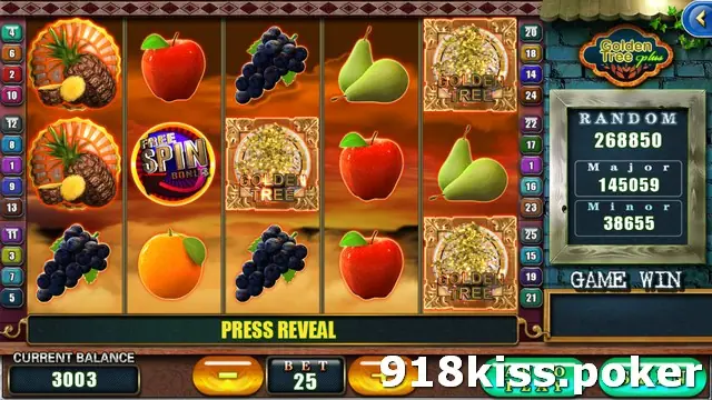 Golden Tree Plus reels with pineapples, apples, grapes, pears and an orange, a FREE SPIN BONUS disc on reel 2 and three golden-tree tiles on reels 3 and 5, PRESS REVEAL under the reels