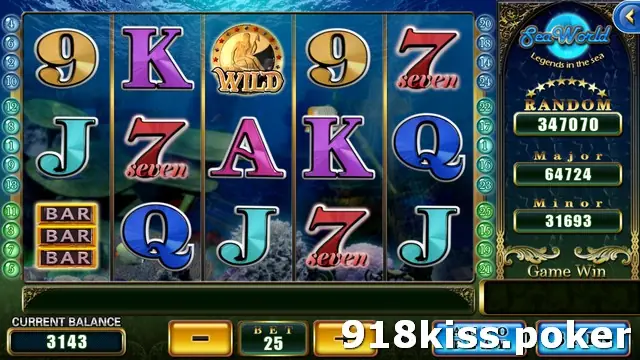 SeaWorld Legends in the Sea reels with 9, K, A, J and Q symbols, red 7s labelled seven, a triple BAR and a round gold WILD medallion over a coral reef background