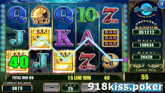 SeaWorld reels with a line on line 15 through three BAR symbols on reels 1 to 3, a green 40 on reel 1, a WILD on reel 2, and TOTAL WIN 95 in the info bar with Game Win 55