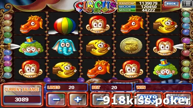 Circus slot on 918Kiss with horse, monkey, clown, elephant and beach-ball symbols on five reels, and RANDOM, MAJOR and MINOR jackpot boxes at the top