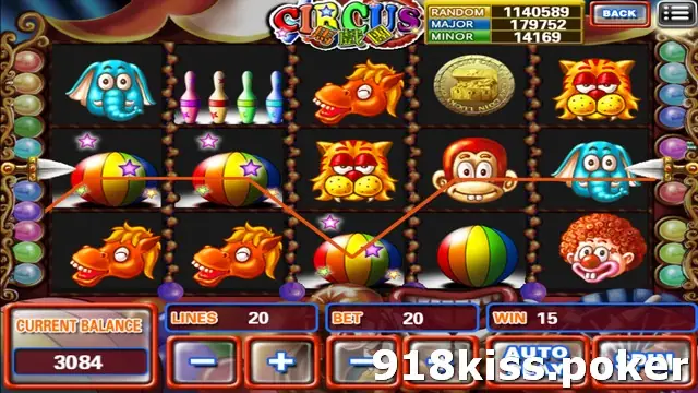 Circus slot with a winning line drawn through three beach balls on the middle row and a WIN box showing 15