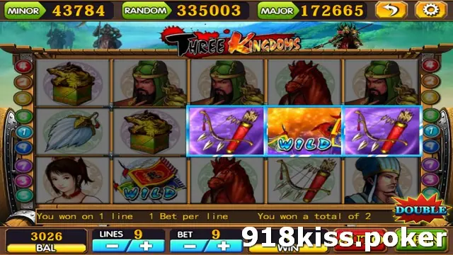 Three Kingdoms slot on 918Kiss with generals, a war horse, a feather fan and three bow-and-arrow WILD symbols across the middle row