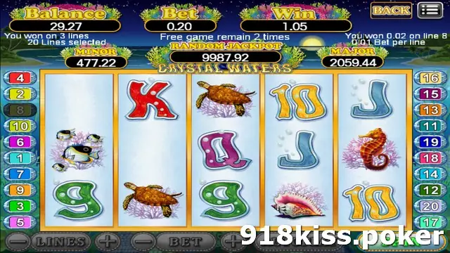 Crystal Waters slot on 918Kiss during free games, with turtle, tropical fish, seahorse and conch symbols and a Free game remain 2 times message
