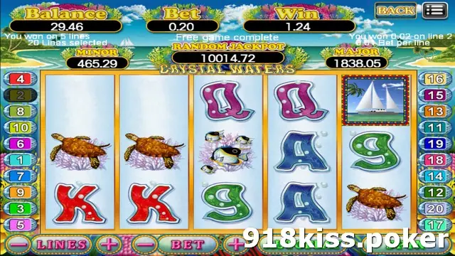 Crystal Waters reels after free games with turtles, fish and a sailboat symbol, and a Free game complete message