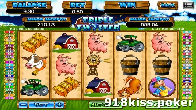Triple Twister slot on 918Kiss with hay bales, a red barn, pigs, a green tractor, a windmill, buckets, a dog and a farmer's wife on five reels