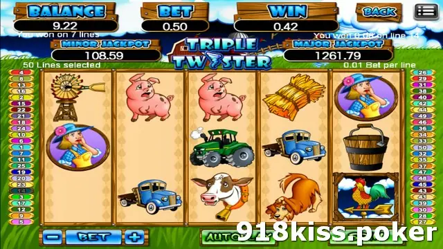 Triple Twister reels showing a blue pickup truck, pigs, a tractor, the cow and a rooster weathervane, with a WIN of 0.42