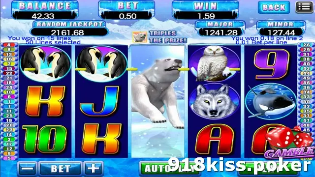 Iceland slot on 918Kiss with penguins, a polar bear filling the middle reel, a snowy owl, a wolf and an orca, and RANDOM JACKPOT, MAJOR and MINOR boxes