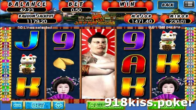 Japan Fortune slot on 918Kiss with lucky cat figurines, a fortune cookie, a geisha with a fan and a tattooed wrestler filling the middle reel, under red paper lanterns