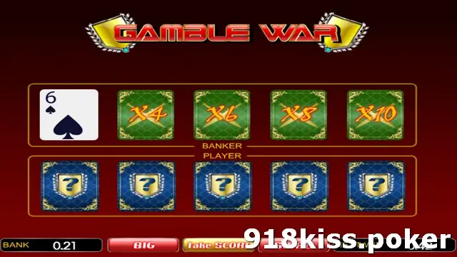 Gamble War screen with the banker's six of spades face up, X4, X6, X8 and X10 tiles, and five hidden player cards, BANK 0.21