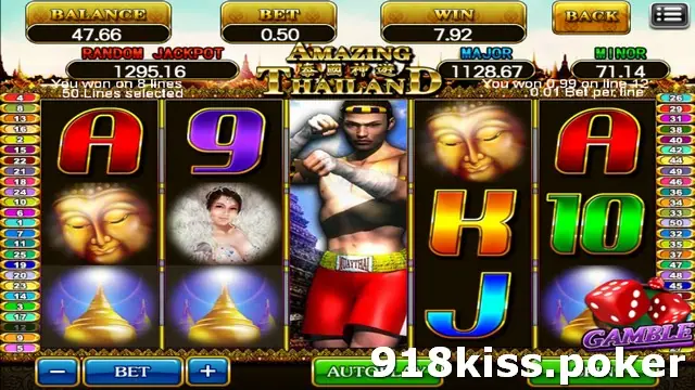 Amazing Thailand slot on 918Kiss with a Muay Thai boxer filling the middle reel, golden stupas, a golden Buddha face and a woman in a Thai headdress