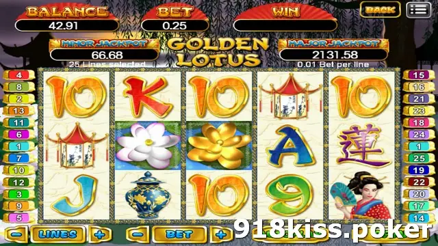 Golden Lotus slot on 918Kiss with a gold lotus, a white lotus, pagoda lanterns, a blue porcelain jar and a lady with a fan on five reels